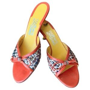 Salvatore Ferragamo Carolin Tweed Mule Lacquer Kitten Heel, Orange, Size 8, EUC